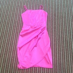 Honey and Rosie Square Neck Faux Wrap Satin Dress